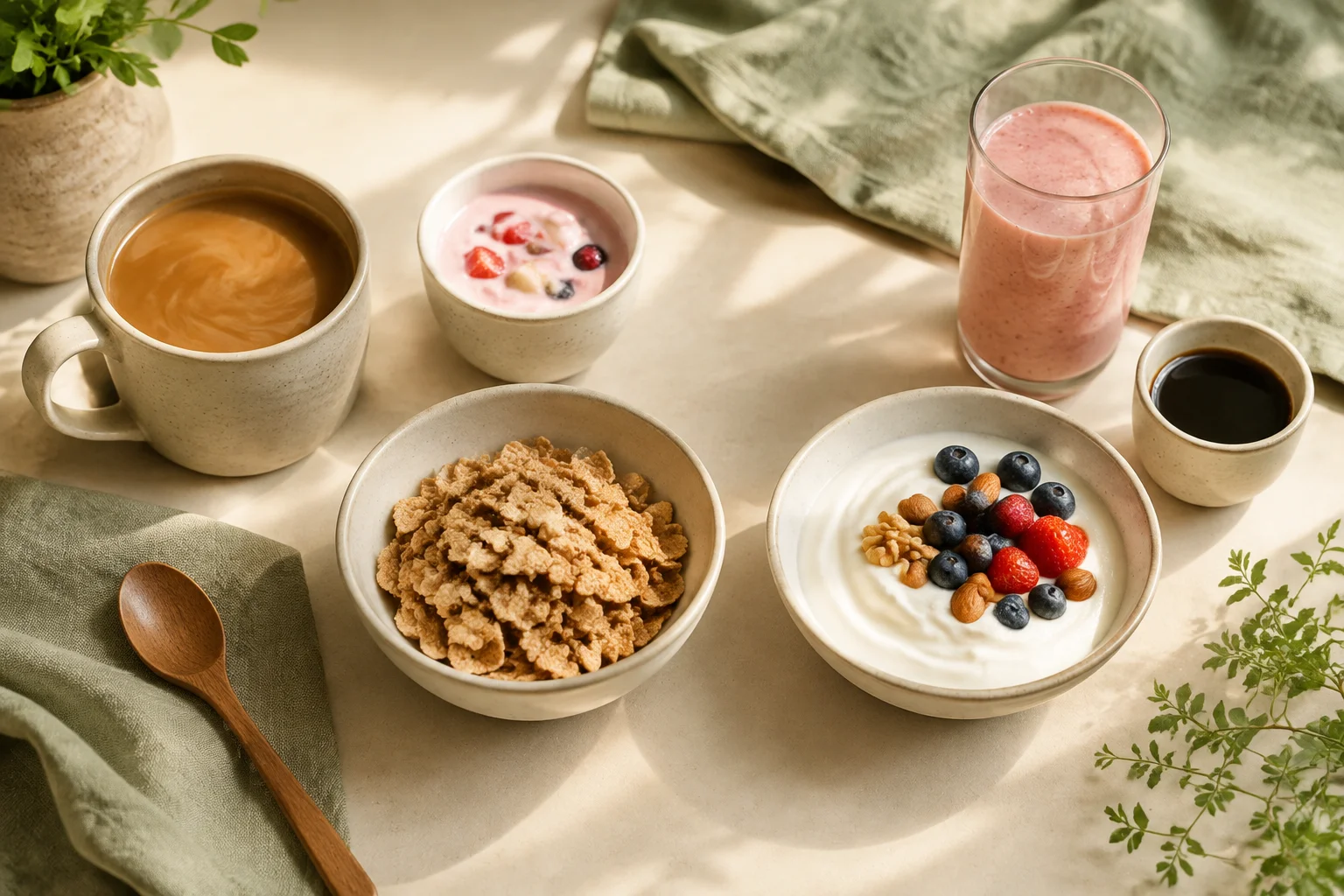 Common breakfast choices including coffee, cereal, smoothie, flavored yogurt, and plain yogurt with berries