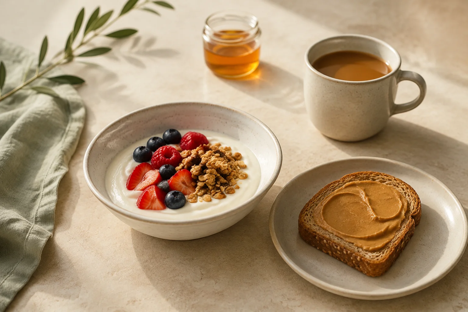 Plain yogurt with berries, whole-grain toast with peanut butter, coffee, and honey