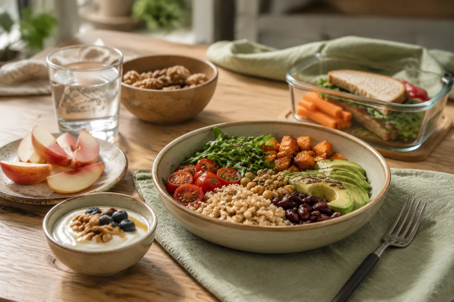 Flexible lunch components including a grain bowl, beans, vegetables, fruit, yogurt, and water arranged on a kitchen table