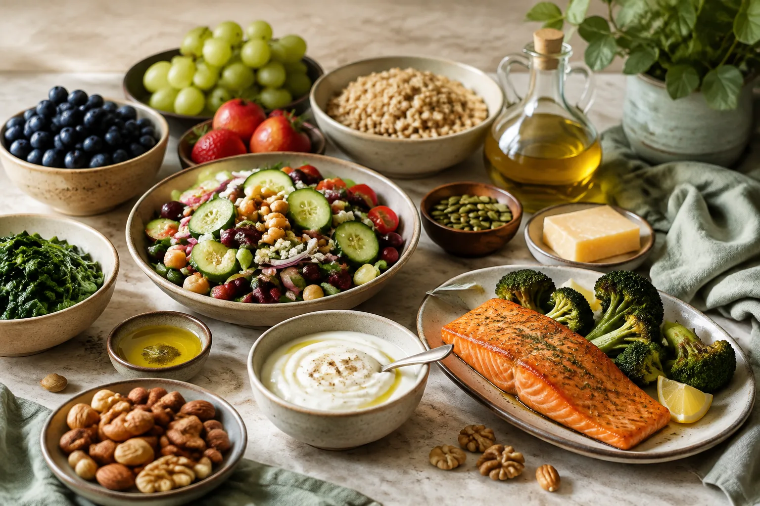 Everyday ingredients including vegetables, beans, whole grains, salmon, olive oil, fruit, yogurt, and a small serving of cheese