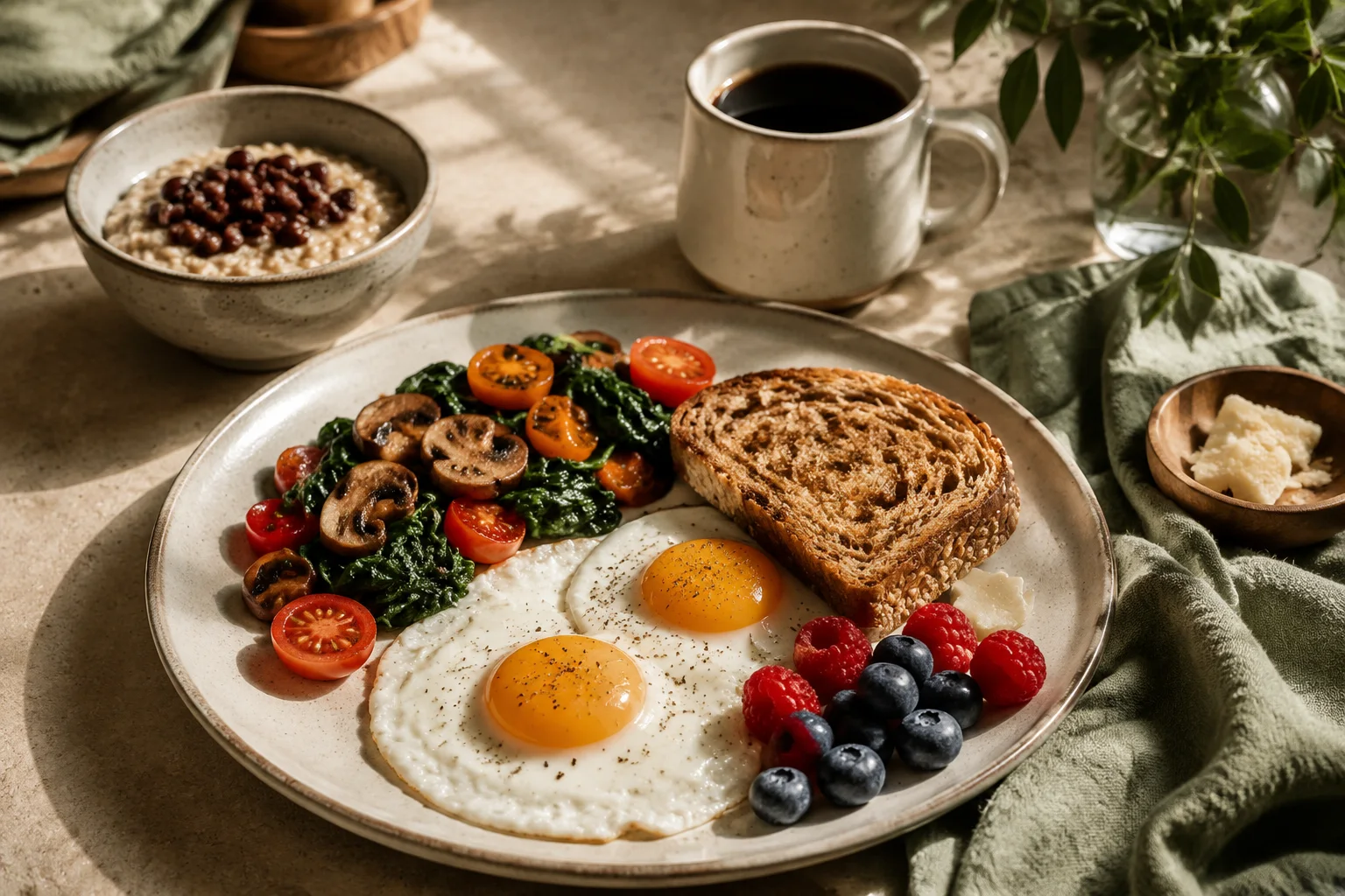 A balanced breakfast with eggs, vegetables, whole-grain toast, berries, oats, and coffee
