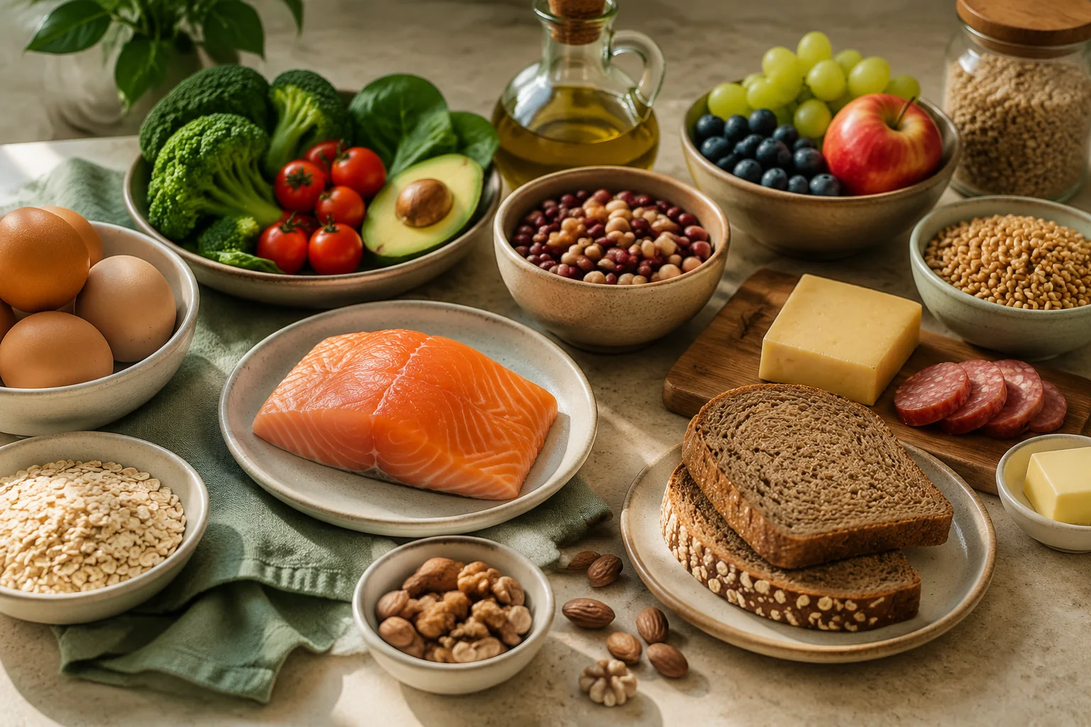 Everyday meal ingredients including eggs, vegetables, beans, oats, salmon, cheese, sausage, olive oil, and whole grains
