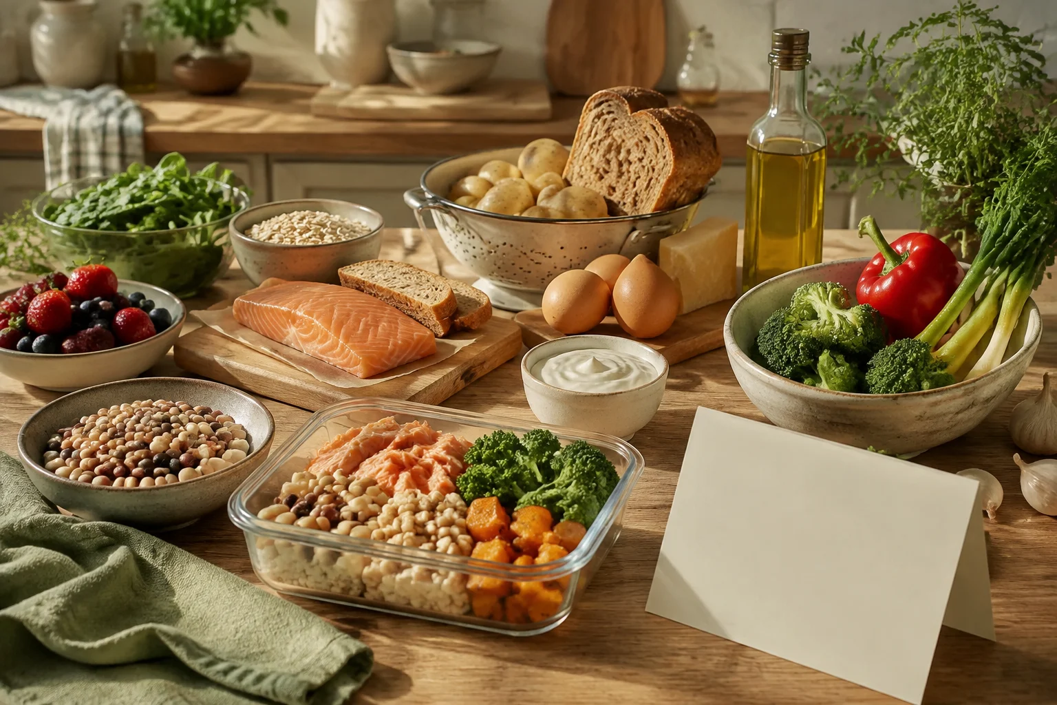 Simple repeatable meal ingredients including beans, oats, vegetables, fruit, salmon, whole grains, and yogurt arranged on a kitchen counter