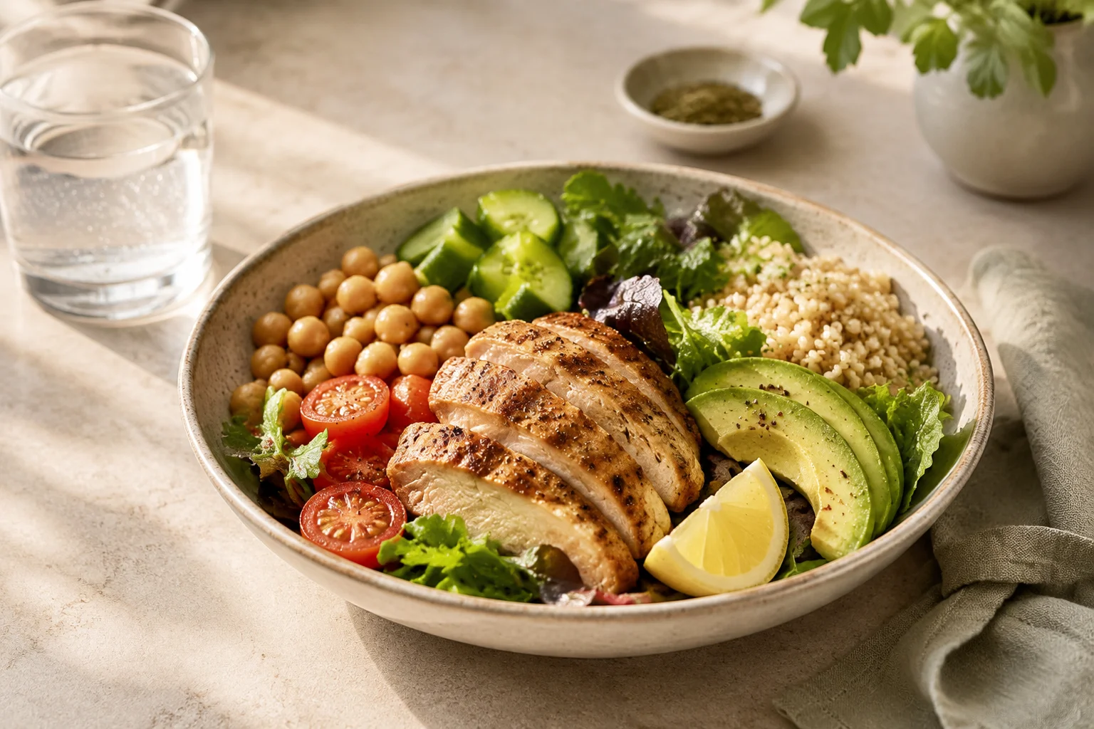 A chicken, chickpea, avocado, and grain lunch bowl