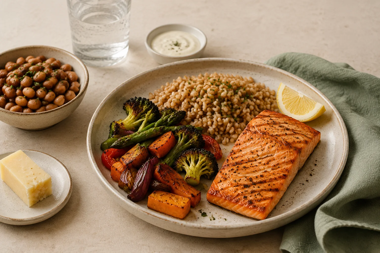 Salmon with roasted vegetables, grains, chickpeas, and a small piece of cheese