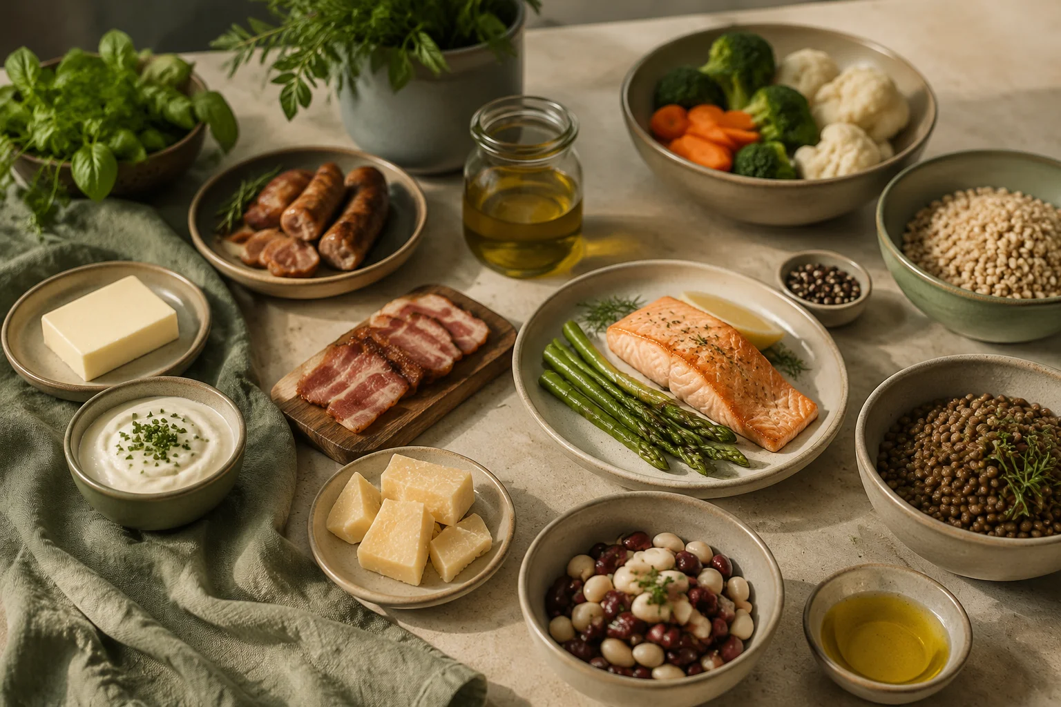 Everyday meal components arranged as flexible swaps: cheese, butter, creamy sauce, fish, beans, vegetables, and olive oil